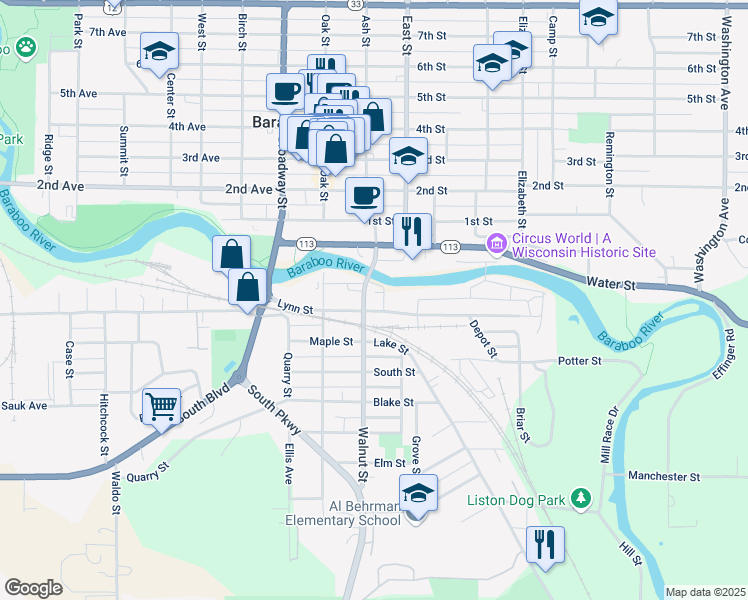 map of restaurants, bars, coffee shops, grocery stores, and more near 121 Walnut St in Baraboo