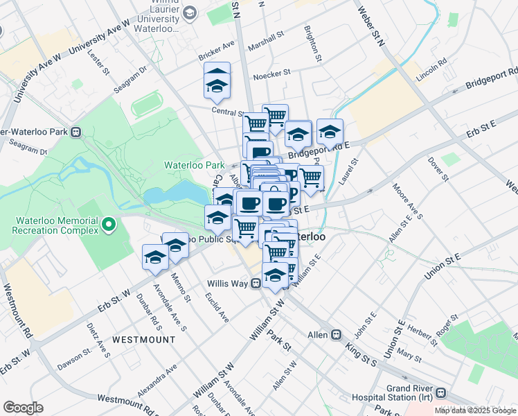 map of restaurants, bars, coffee shops, grocery stores, and more near 19 King Street North in Waterloo