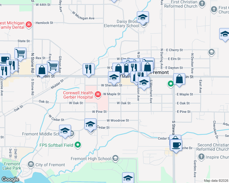 map of restaurants, bars, coffee shops, grocery stores, and more near 121 West Maple Street in Fremont
