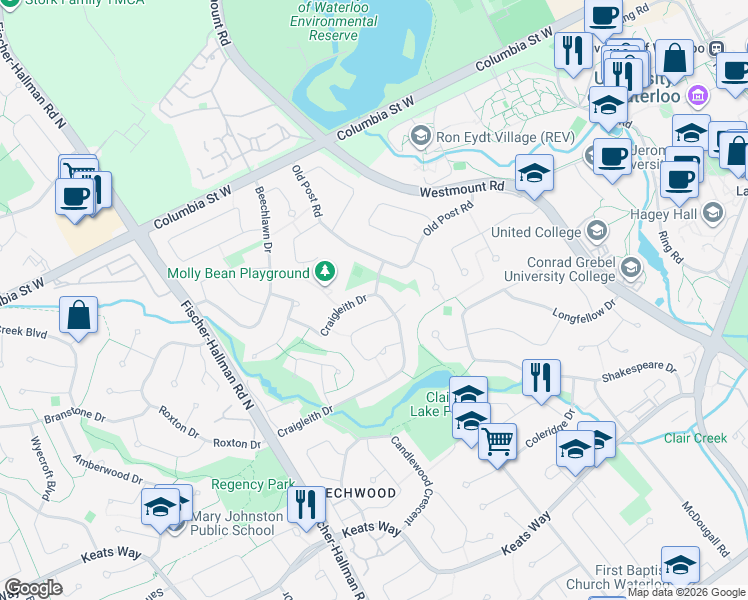 map of restaurants, bars, coffee shops, grocery stores, and more near 322 Craigleith Drive in Waterloo