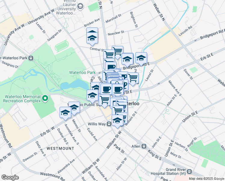 map of restaurants, bars, coffee shops, grocery stores, and more near 19 King Street North in Waterloo
