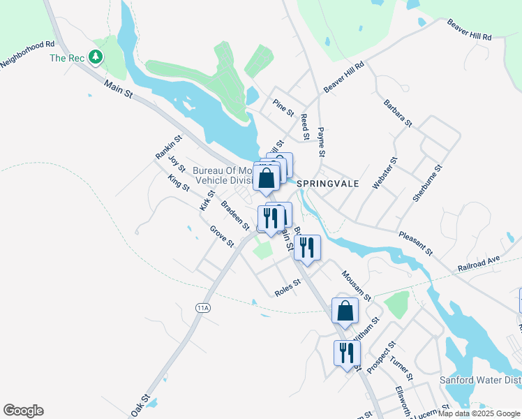 map of restaurants, bars, coffee shops, grocery stores, and more near 15 Oak Street in Sanford