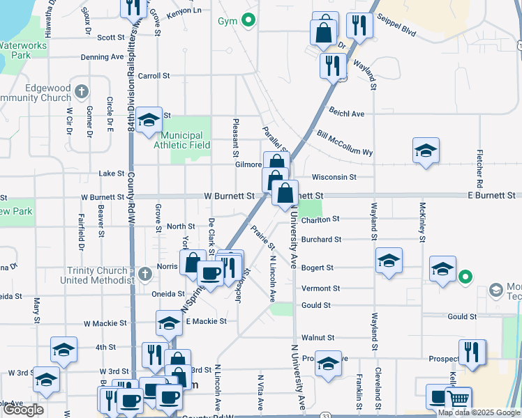 map of restaurants, bars, coffee shops, grocery stores, and more near 1015 North Spring Street in Beaver Dam