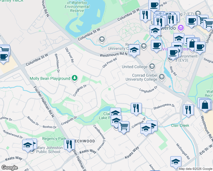 map of restaurants, bars, coffee shops, grocery stores, and more near 21 Post Horn Place in Waterloo