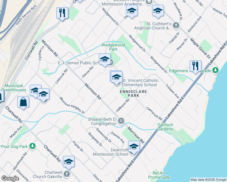 map of restaurants, bars, coffee shops, grocery stores, and more near 1260 Braeside Drive in Oakville