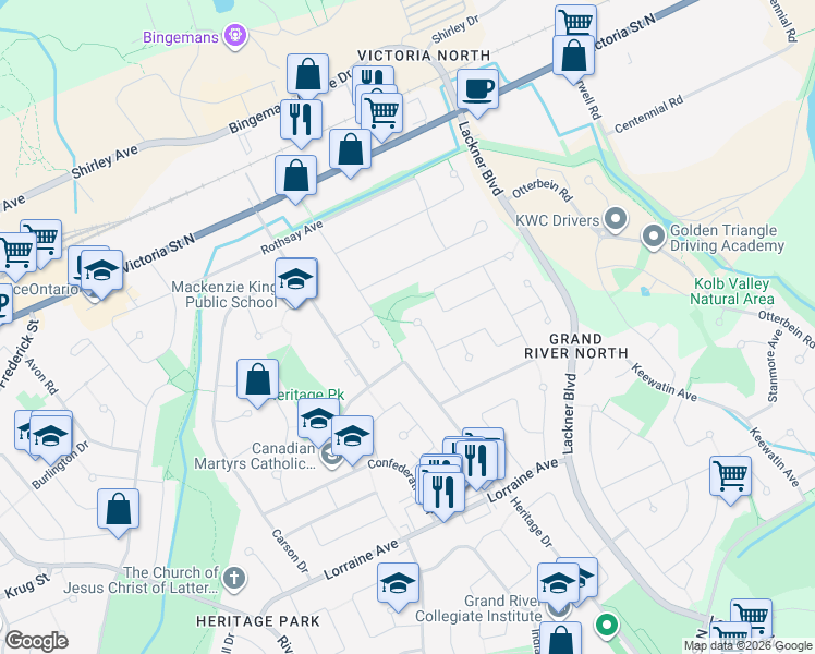 map of restaurants, bars, coffee shops, grocery stores, and more near 29 Muskoka Court in Kitchener