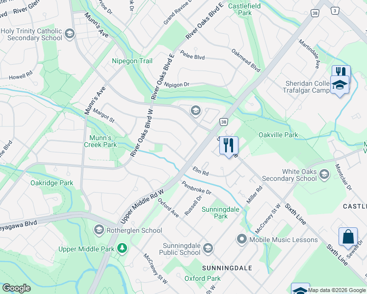 map of restaurants, bars, coffee shops, grocery stores, and more near 2031 Pen Street in Oakville