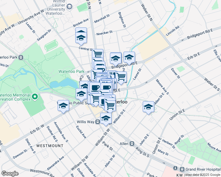 map of restaurants, bars, coffee shops, grocery stores, and more near in Waterloo