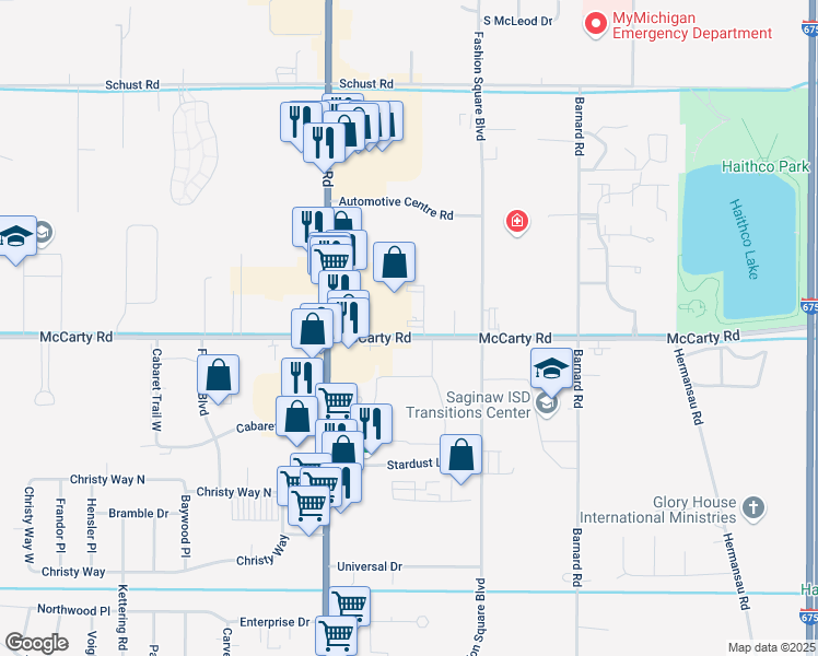 map of restaurants, bars, coffee shops, grocery stores, and more near 2830 McCarty Road in Saginaw