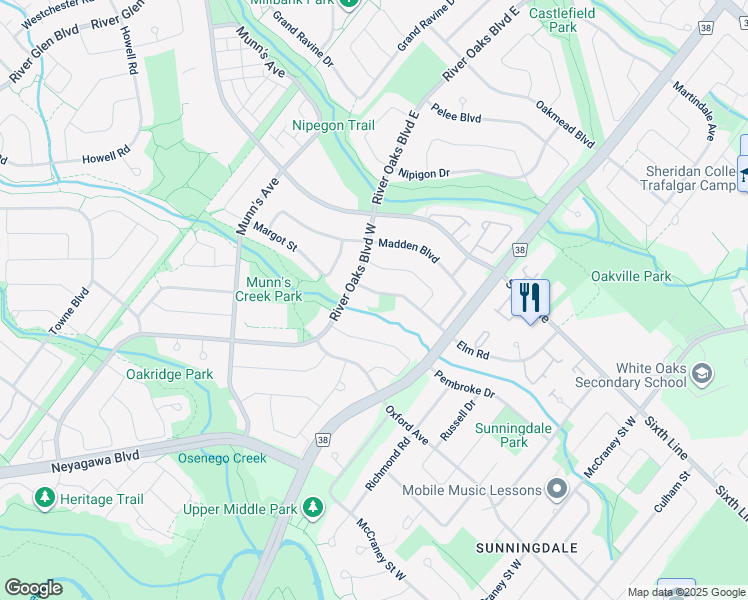 map of restaurants, bars, coffee shops, grocery stores, and more near 2080 Elm Road in Oakville