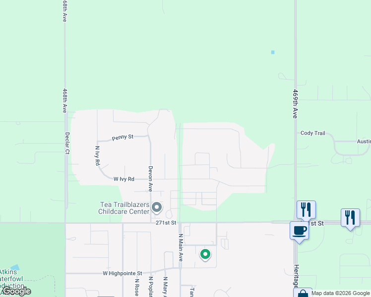 map of restaurants, bars, coffee shops, grocery stores, and more near 2420 Ivy Circle in Tea