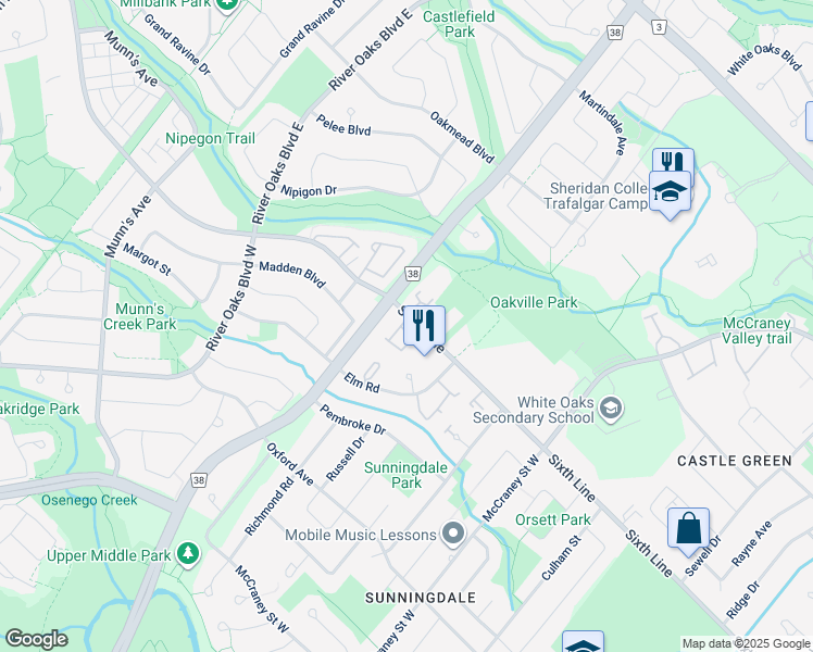 map of restaurants, bars, coffee shops, grocery stores, and more near 1518 Sixth Line in Oakville