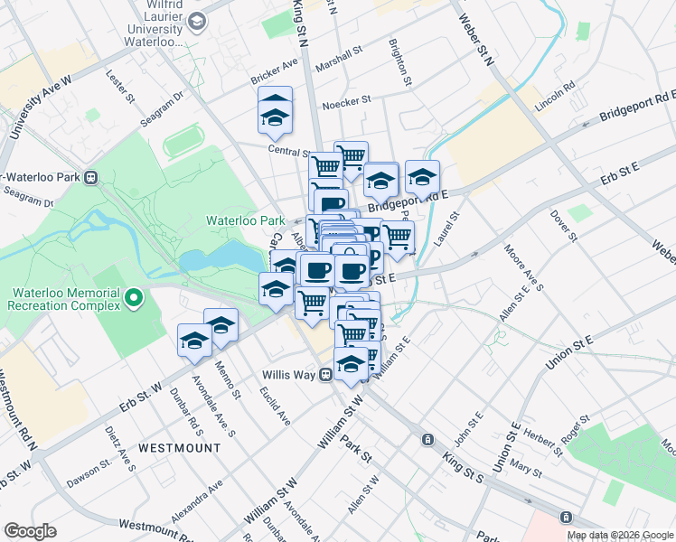 map of restaurants, bars, coffee shops, grocery stores, and more near 23 King Street North in Waterloo
