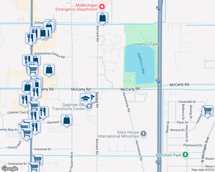map of restaurants, bars, coffee shops, grocery stores, and more near 4051 Green Isle Way in Saginaw