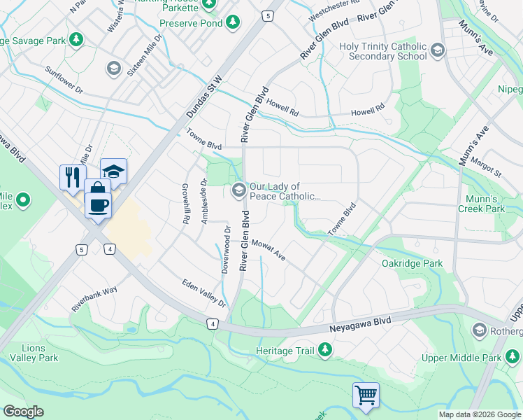 map of restaurants, bars, coffee shops, grocery stores, and more near 448 Marlatt Drive in Oakville