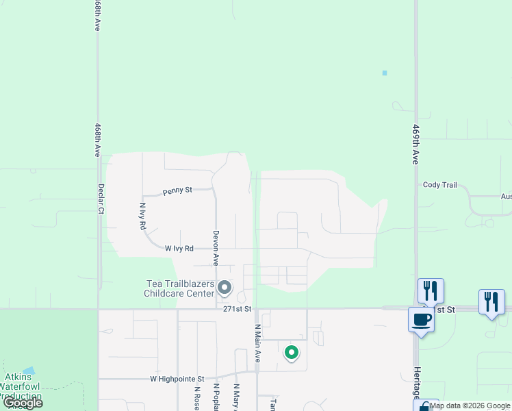 map of restaurants, bars, coffee shops, grocery stores, and more near 2215 North Main Avenue in Tea