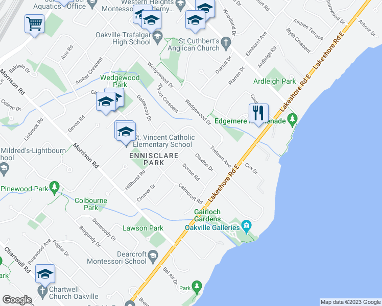 map of restaurants, bars, coffee shops, grocery stores, and more near 174 Claxton Drive in Oakville