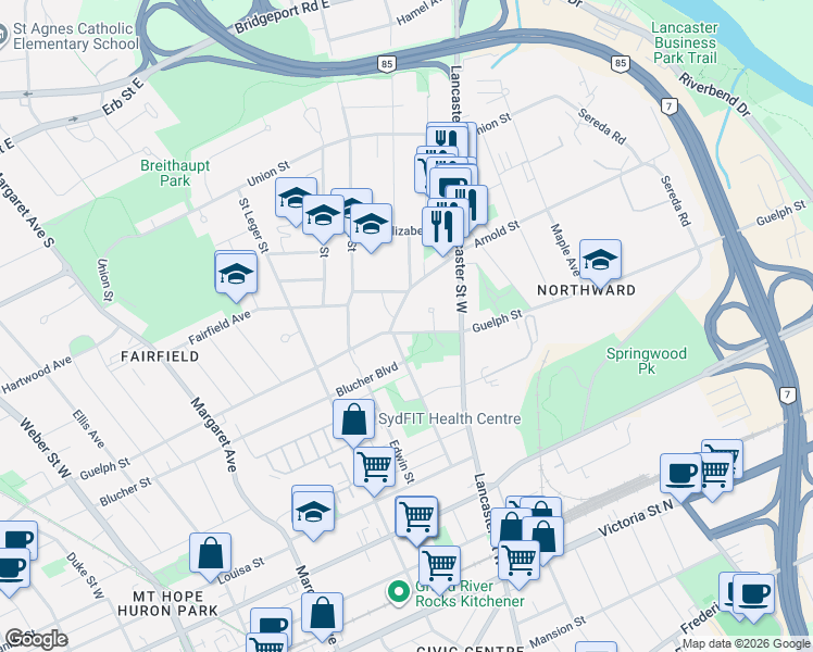 map of restaurants, bars, coffee shops, grocery stores, and more near 690 Guelph Street in Kitchener