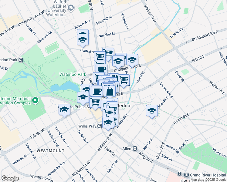 map of restaurants, bars, coffee shops, grocery stores, and more near 3 Regina Street North in Waterloo