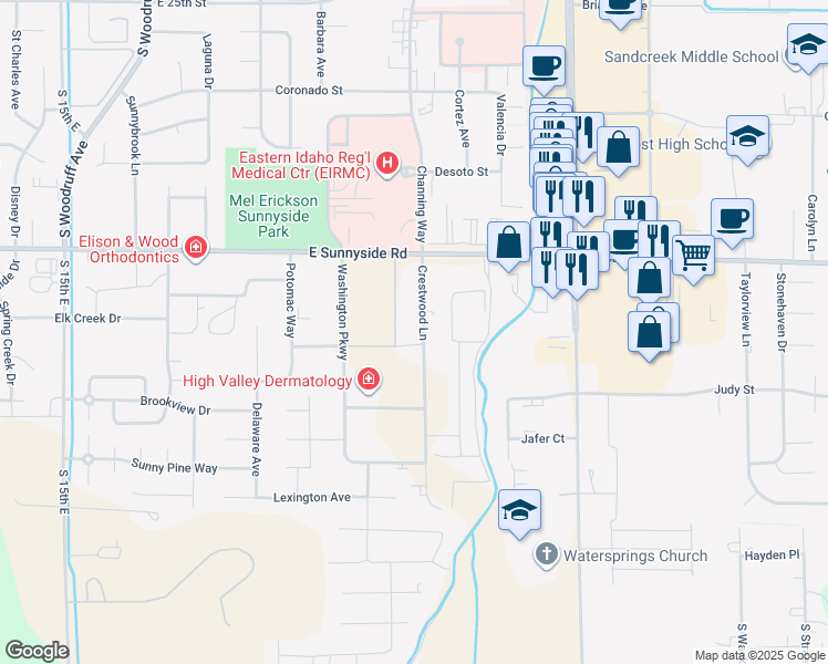 map of restaurants, bars, coffee shops, grocery stores, and more near 3550 Crestwood Lane in Idaho Falls