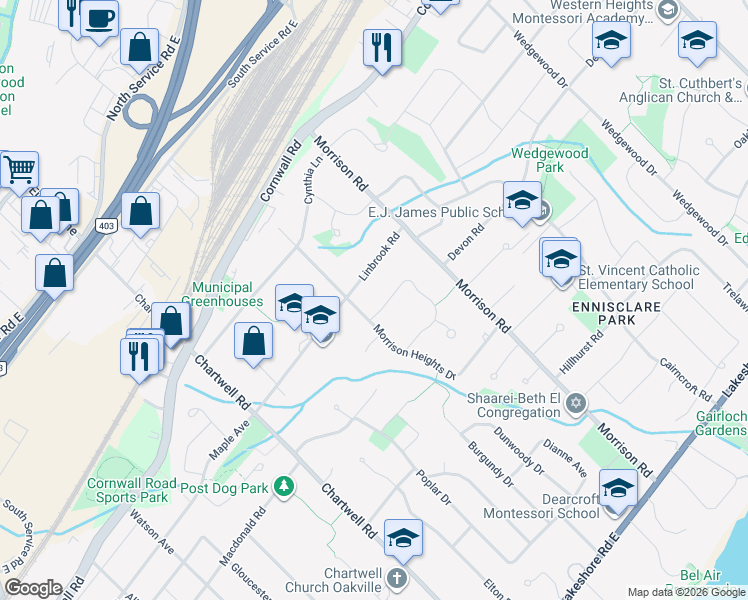 map of restaurants, bars, coffee shops, grocery stores, and more near 1188 Carey Road in Oakville