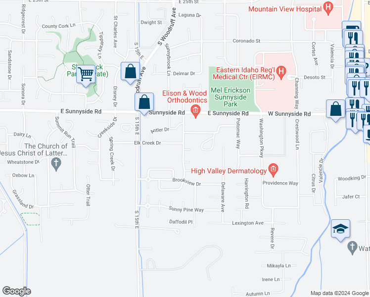 map of restaurants, bars, coffee shops, grocery stores, and more near 3552-3660 Merlin Drive in Idaho Falls