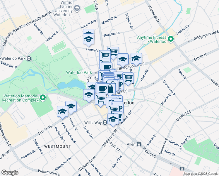 map of restaurants, bars, coffee shops, grocery stores, and more near 19 King Street North in Waterloo