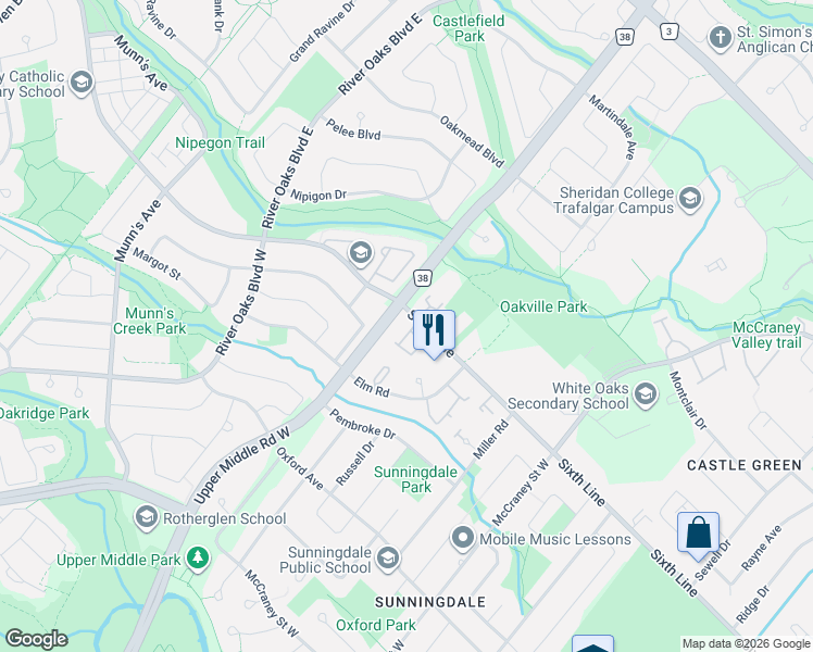 map of restaurants, bars, coffee shops, grocery stores, and more near 1536 Sixth Line in Oakville