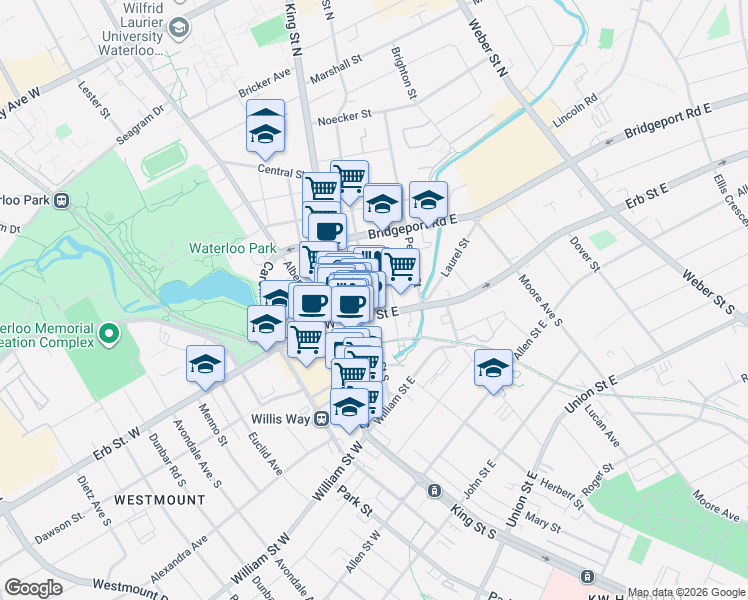map of restaurants, bars, coffee shops, grocery stores, and more near 8 Regina Street North in Waterloo