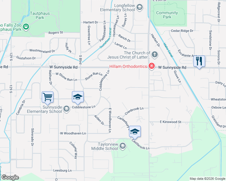 map of restaurants, bars, coffee shops, grocery stores, and more near 3653 Woodhaven Lane in Idaho Falls