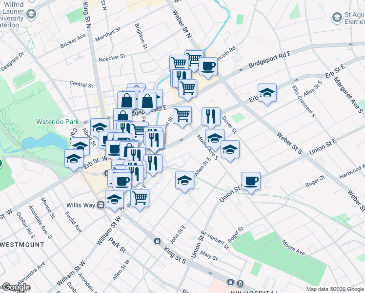 map of restaurants, bars, coffee shops, grocery stores, and more near 6 Willow Street in Waterloo