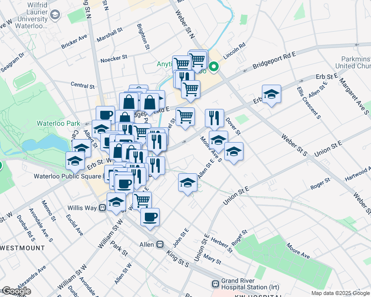 map of restaurants, bars, coffee shops, grocery stores, and more near 6 Willow Street in Waterloo