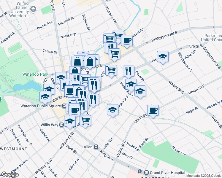 map of restaurants, bars, coffee shops, grocery stores, and more near 22 Willow Street in Waterloo