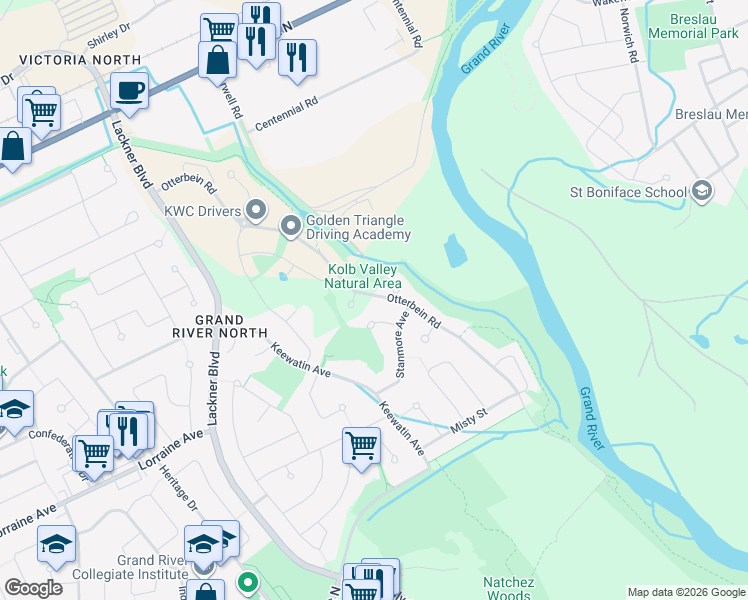 map of restaurants, bars, coffee shops, grocery stores, and more near 30 Gloucester Court in Kitchener