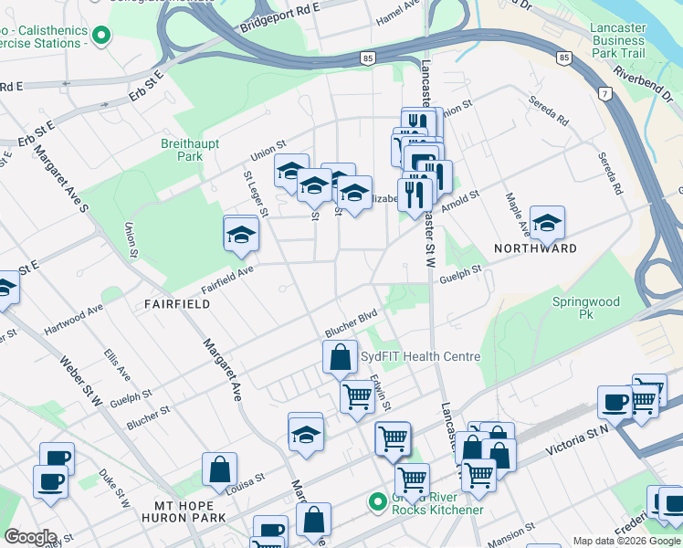 map of restaurants, bars, coffee shops, grocery stores, and more near 188 Edwin Street in Kitchener