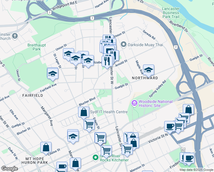 map of restaurants, bars, coffee shops, grocery stores, and more near 12 Englewood Place in Kitchener