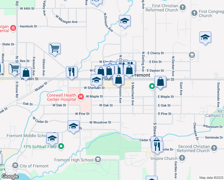 map of restaurants, bars, coffee shops, grocery stores, and more near 15 West Maple Street in Fremont