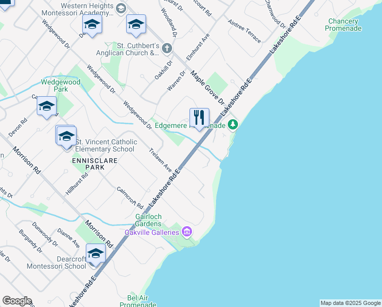 map of restaurants, bars, coffee shops, grocery stores, and more near 1437 Lakeshore Road East in Oakville
