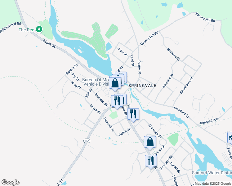 map of restaurants, bars, coffee shops, grocery stores, and more near 471 Main Street in Sanford