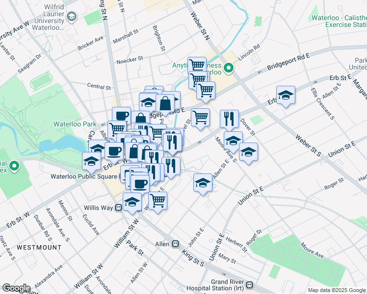 map of restaurants, bars, coffee shops, grocery stores, and more near 4 Willow Street in Waterloo