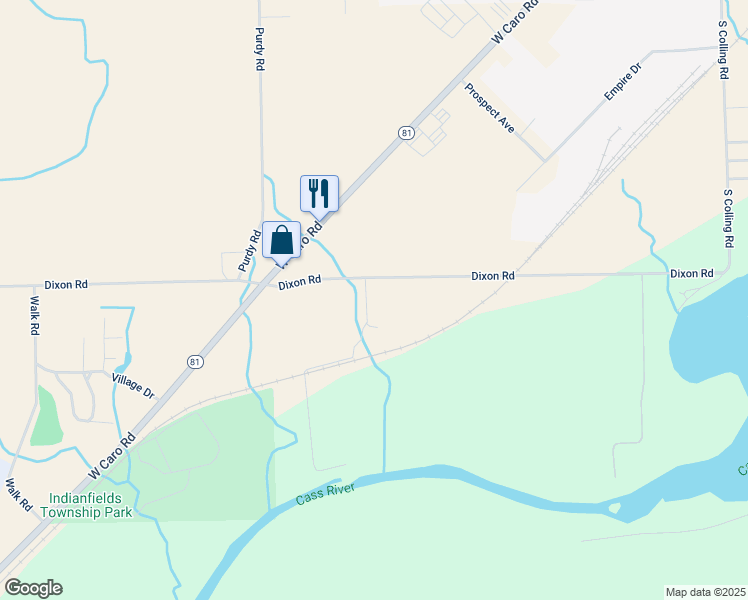map of restaurants, bars, coffee shops, grocery stores, and more near 2021 River Valley Drive in Caro
