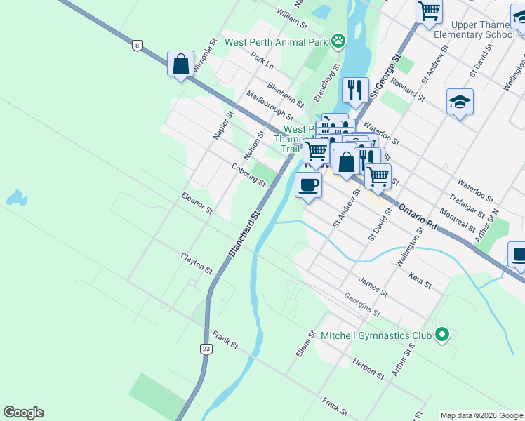 map of restaurants, bars, coffee shops, grocery stores, and more near 77 Blanchard Street in West Perth