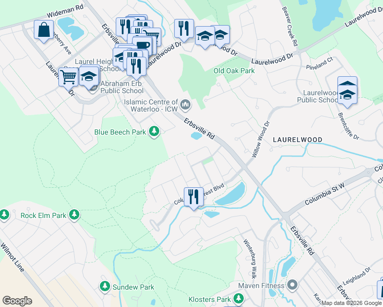 map of restaurants, bars, coffee shops, grocery stores, and more near 680 White Elm Boulevard in Waterloo