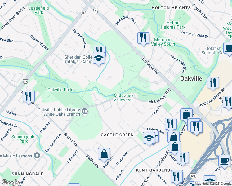 map of restaurants, bars, coffee shops, grocery stores, and more near McCraney Valley Trail in Oakville