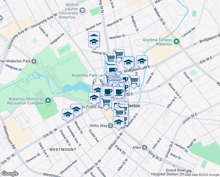 map of restaurants, bars, coffee shops, grocery stores, and more near 12 Dupont Street West in Waterloo
