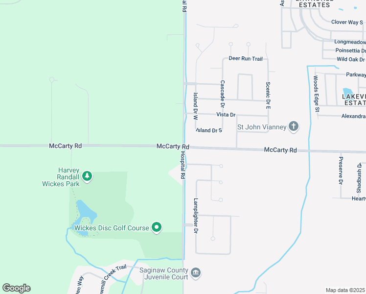 map of restaurants, bars, coffee shops, grocery stores, and more near Hospital Road in Saginaw