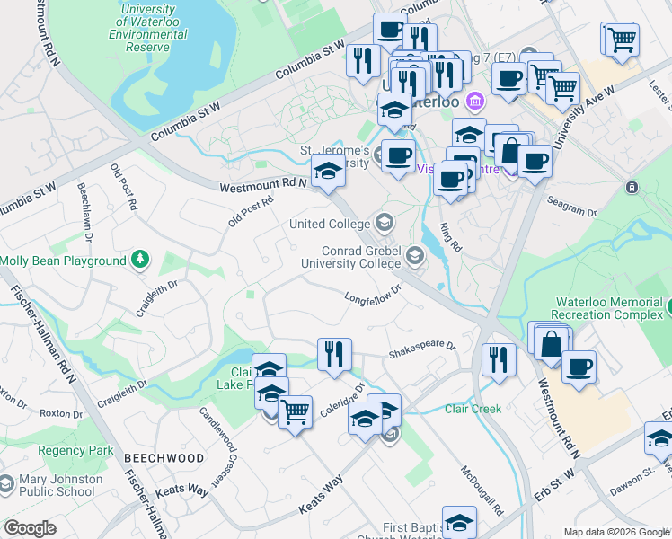 map of restaurants, bars, coffee shops, grocery stores, and more near 318 Shakespeare Place in Waterloo