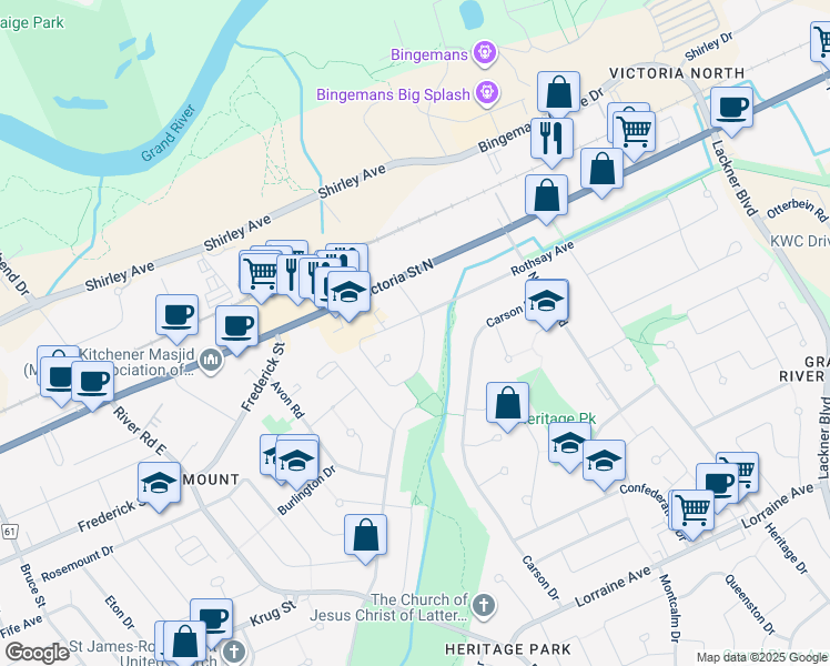 map of restaurants, bars, coffee shops, grocery stores, and more near 43 Forfar Avenue in Kitchener