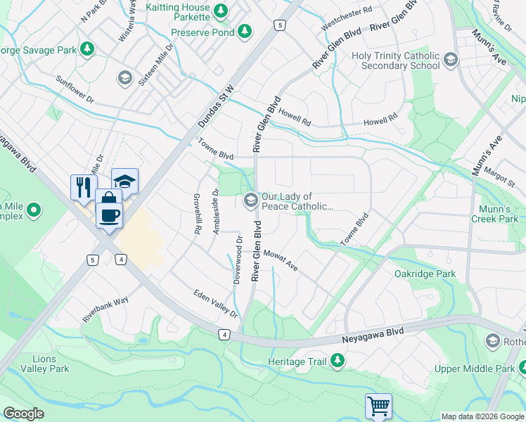 map of restaurants, bars, coffee shops, grocery stores, and more near 402 River Glen Boulevard in Oakville