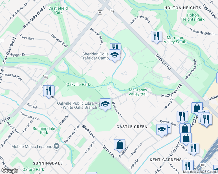 map of restaurants, bars, coffee shops, grocery stores, and more near 1135 McCraney Street East in Oakville